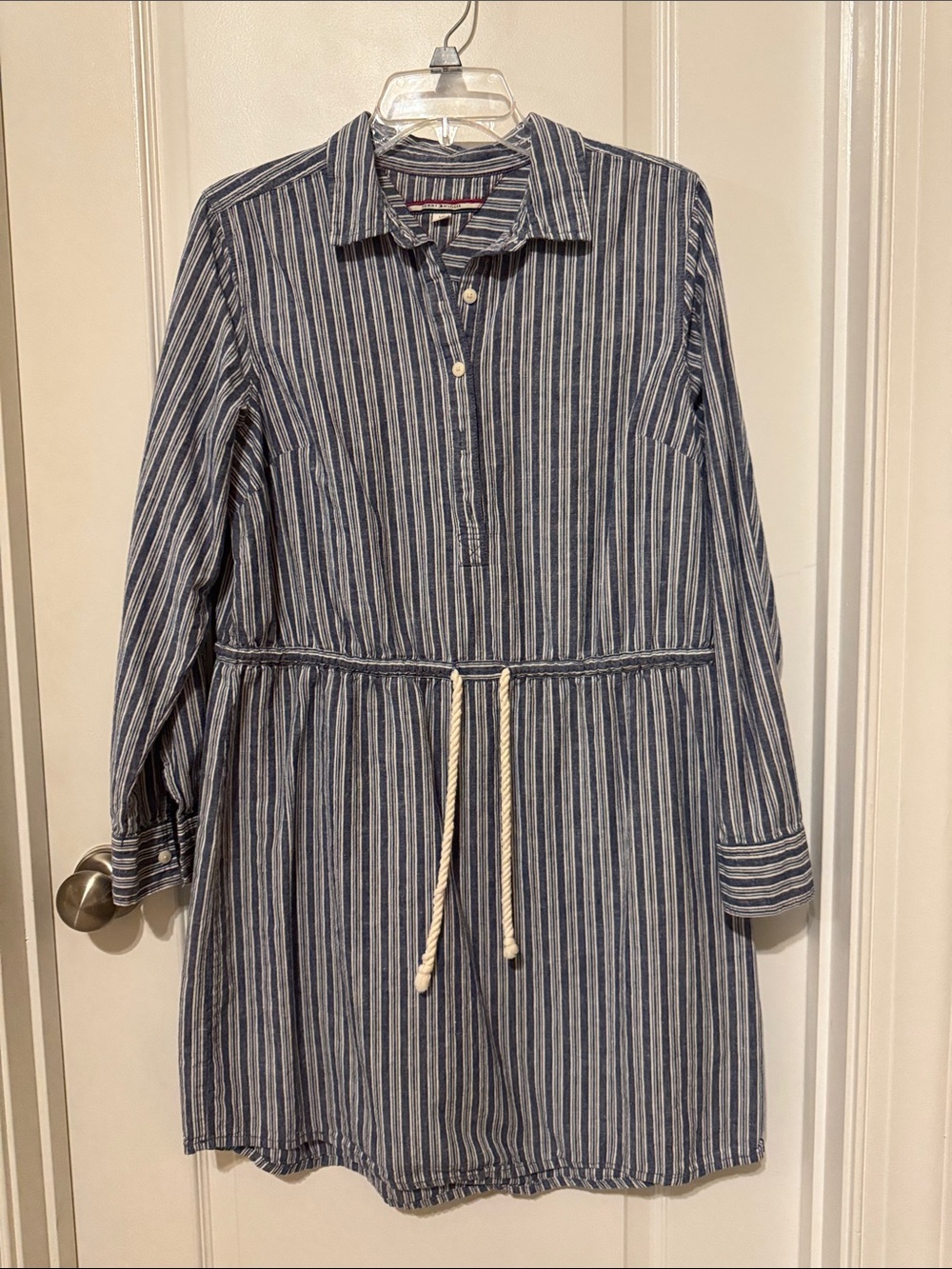 Tommy Hilfiger Navy and White Striped Long-Sleeve Shirt Dress